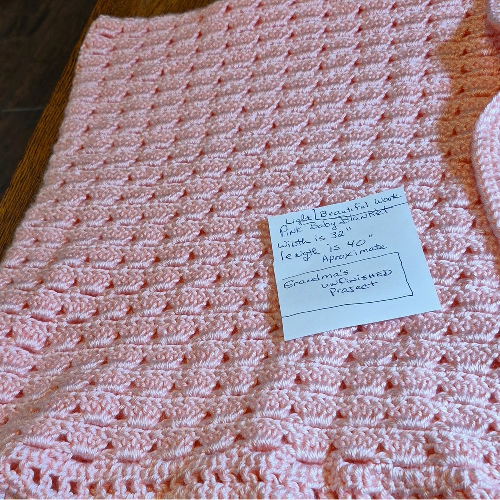 Grandmas Handmade Crocheted Baby Blanket Pink 32 In x 40 In Unfinished project